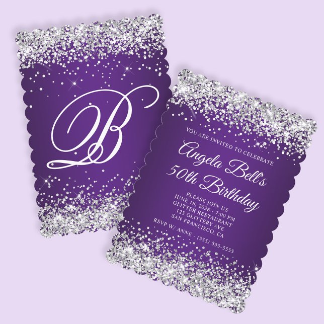 Invitación Purpurina de Plata Monograma Púrpura Real 50 cumpl (Create your own royal purple with faux silver glitter birthday invite.)