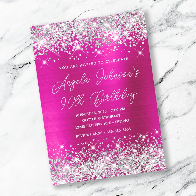 Invitación Purpurina de Plata Monolina Rosa Caliente 90 cumpl (Subido por el creador)