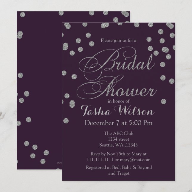 Invitación Purpurina de plata morada Confetti Bridal Shower (Anverso / Reverso)