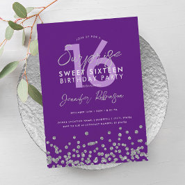 Invitación Purpurina de plata morada Confetti Sorpresa Sweet 