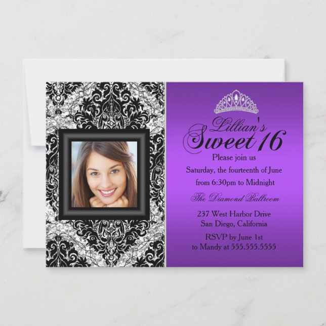 Invitación Purpurina de plata morada Damask Photo Sweet 16 (Anverso)