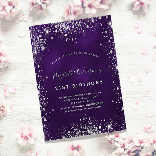 Invitación Purpurina de plata morada de cumpleaños