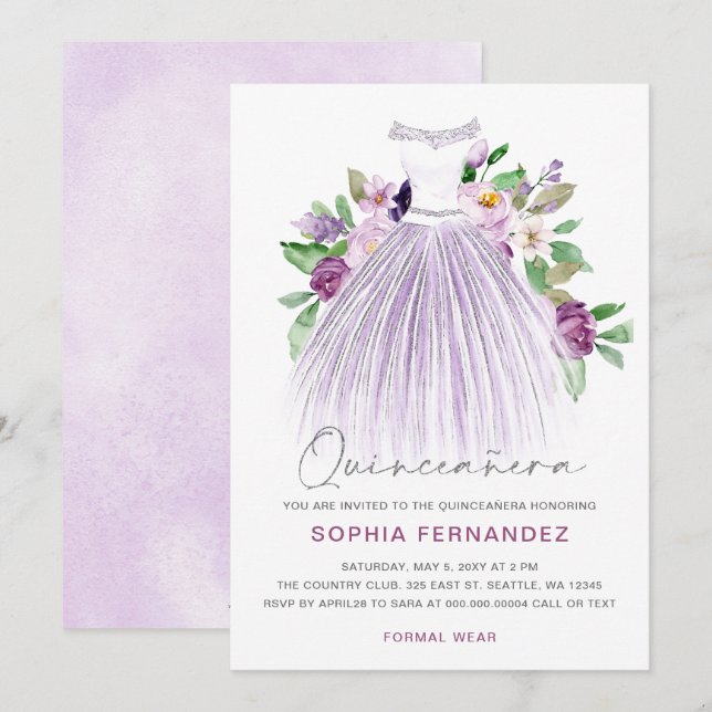 Invitación Purpurina de Plata Morada Vestido Floral Quinceañe (Anverso / Reverso)
