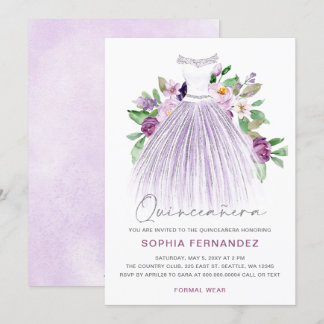 Invitación Purpurina de Plata Morada Vestido Floral Quinceañe