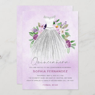 Invitación Purpurina de Plata Morada Vestido Floral Quinceañe