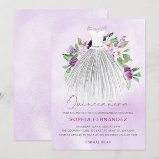 Invitación Purpurina de Plata Morada Vestido Floral Quinceañe
