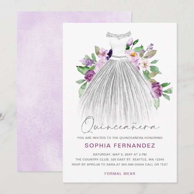 Invitación Purpurina de Plata Morada Vestido Floral Quinceañe (Anverso / Reverso)