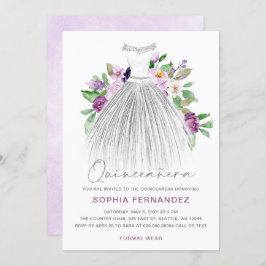 Invitación Purpurina de Plata Morada Vestido Floral Quinceañe