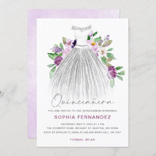 Invitación Purpurina de Plata Morada Vestido Floral Quinceañe
