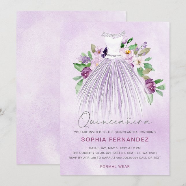 Invitación Purpurina de Plata Morada Vestido Floral Quinceañe (Anverso / Reverso)