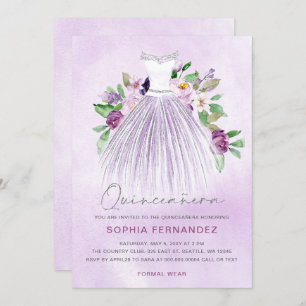 Invitación Purpurina de Plata Morada Vestido Floral Quinceañe