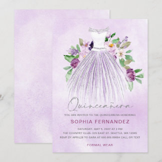Invitación Purpurina de Plata Morada Vestido Floral Quinceañe