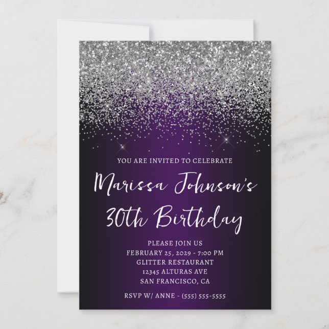 Invitación Purpurina de plata morado negro morado 30 cumpleañ (Anverso)