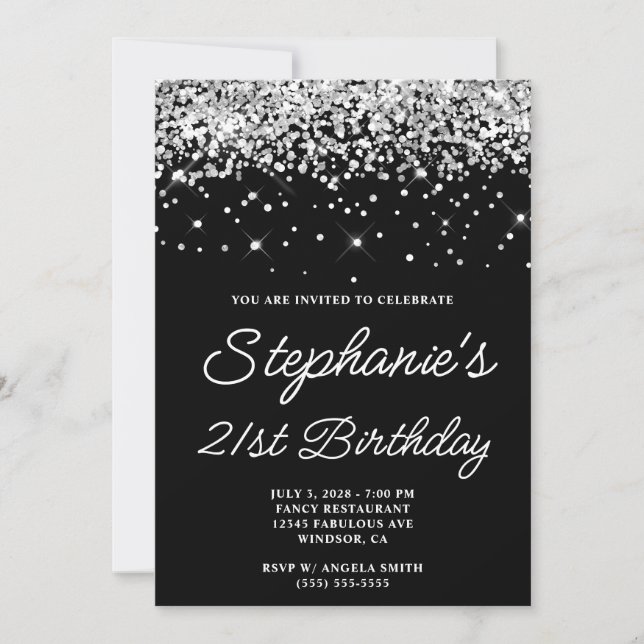 Invitación Purpurina de Plata Nacimiento Negro 21 (Anverso)