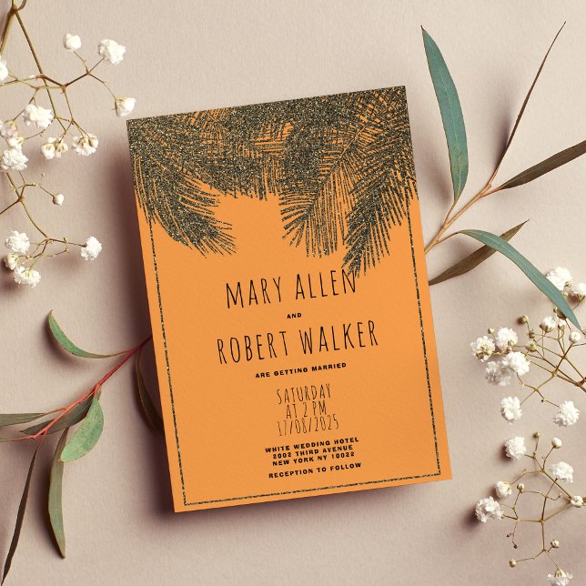 Invitación Purpurina de plata naranja ruso boda de hoja tropi (Rustic orange silver glitter tropical leaf wedding )