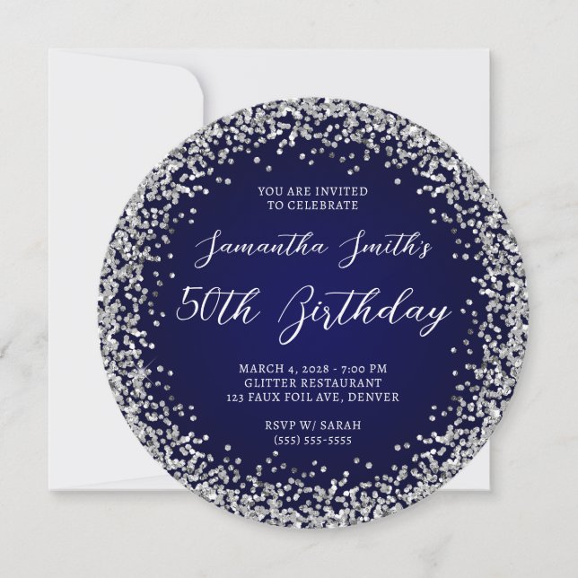Invitación Purpurina de Plata Navy Ombre 50 cumpleaños (Anverso)