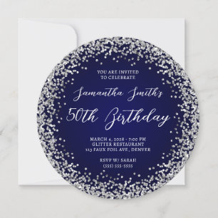 Invitación Purpurina de Plata Navy Ombre 50 cumpleaños