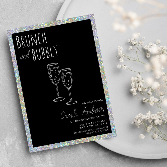 Invitación Purpurina de plata negra Brunch Bubbly Bridal Show (Black Silver Glitter Brunch Bubbly Bridal Shower )