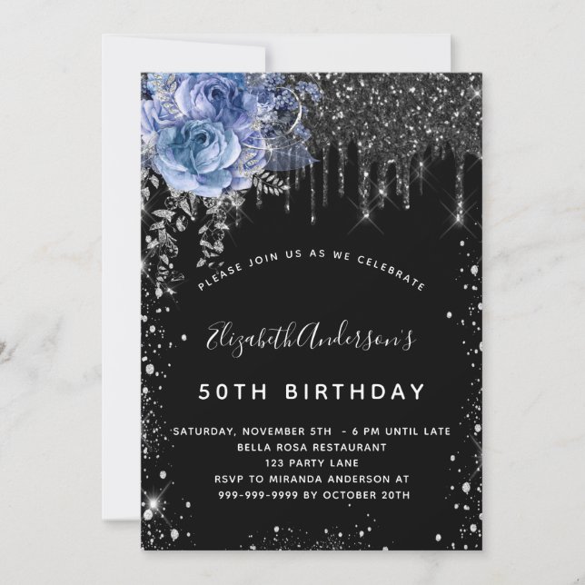 Invitación Purpurina de plata negra de cumpleaños floral azul (Anverso)
