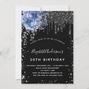 Invitación Purpurina de plata negra de cumpleaños floral azul