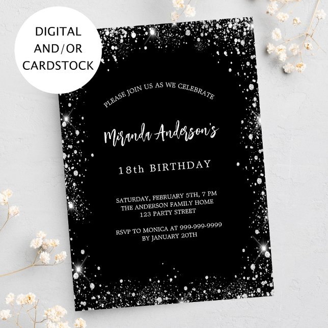 Invitación Purpurina de plata negra de cumpleaños glamoroso (Subido por el creador)
