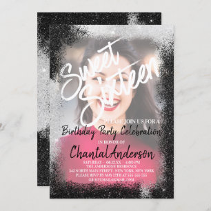 Invitación Purpurina de plata negra foto dulce dieciséis