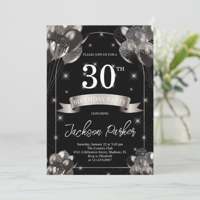 Invitación Purpurina de Plata Negra Globos 30 Fiesta de cumpl (Anverso de pie)