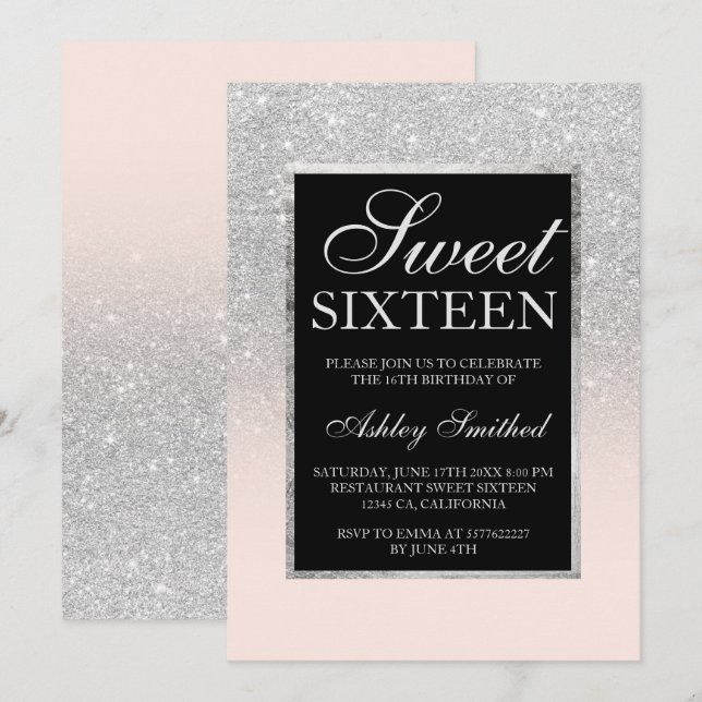 Invitación purpurina de plata negra moda rosa elegante Sweet  (Anverso / Reverso)