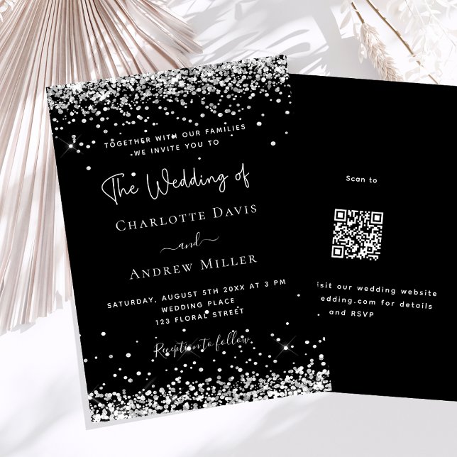 Invitación Purpurina de plata negra moderno QR RSVP boda de l (Subido por el creador)