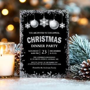 Invitación Purpurina de Plata Negra Navidad de copas de nieve