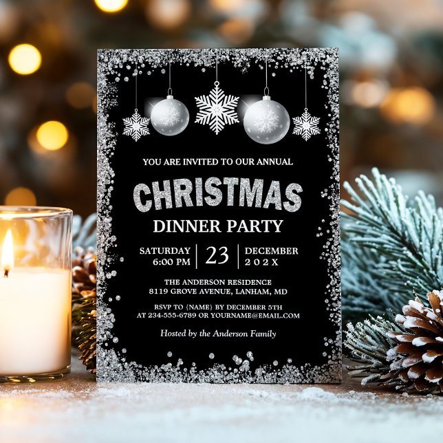 Invitación Purpurina de Plata Negra Navidad de copas de nieve (Subido por el creador)
