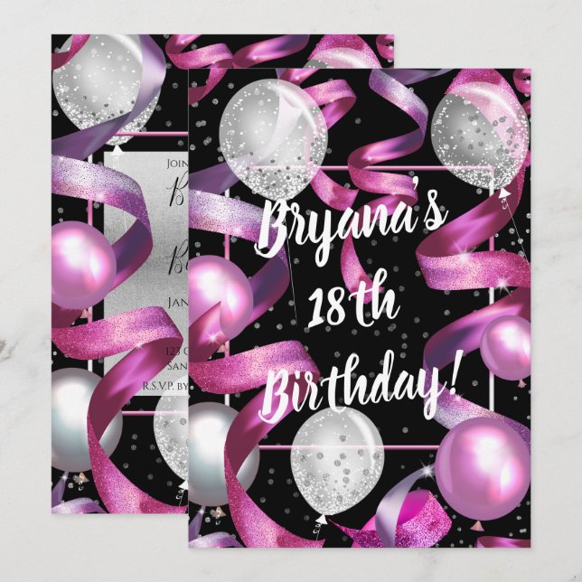 Invitación Purpurina de Plata Negra Rosa Globos Fiesta de Cum (Anverso / Reverso)