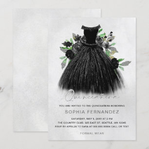 Invitación Purpurina de Plata Negra Vestido Floral Quinceañer