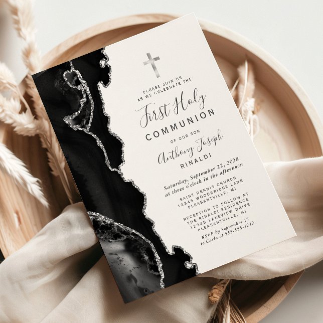 Invitación Purpurina de plata negro agate primera comunión sa (Subido por el creador)