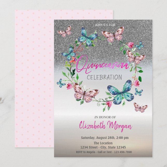 Invitación Purpurina de plata Ombre, puntos de mariposa Quinc (Anverso / Reverso)