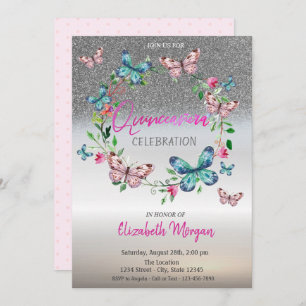 Invitación Purpurina de plata Ombre, puntos de mariposa Quinc