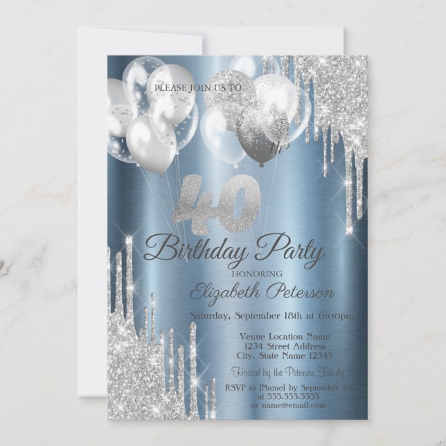 Invitación Purpurina de plata perfora globos azul metálico 40 (Anverso)