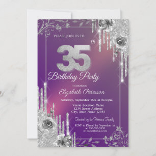 Invitación Purpurina de plata perfora Rosas morados 35 cumple