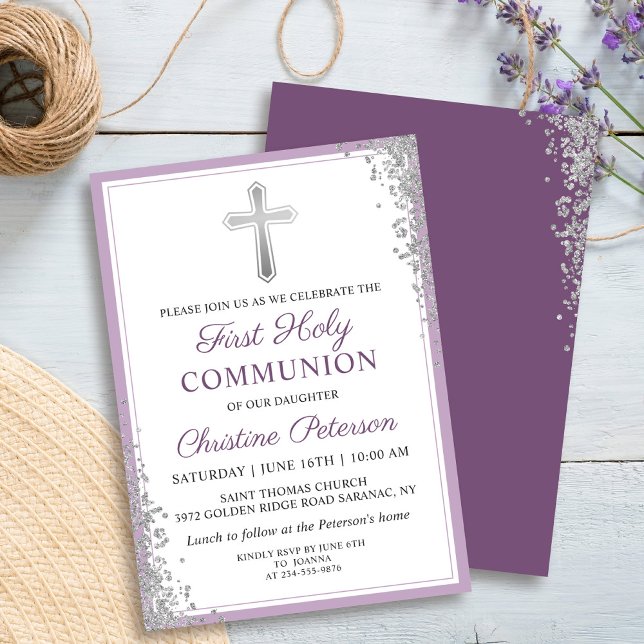 Invitación Purpurina de Plata Plum Purple Primera Comunión Sa (Subido por el creador)
