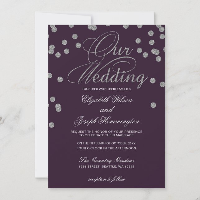 Invitación Purpurina de Plata Púrpura Confetti Elegante Boda (Anverso)