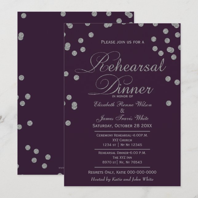 Invitación Purpurina de Plata Púrpura Ensayo de Confetti Cena (Anverso / Reverso)