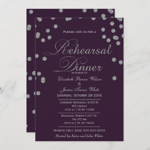 Invitación Purpurina de Plata Púrpura Ensayo de Confetti Cena