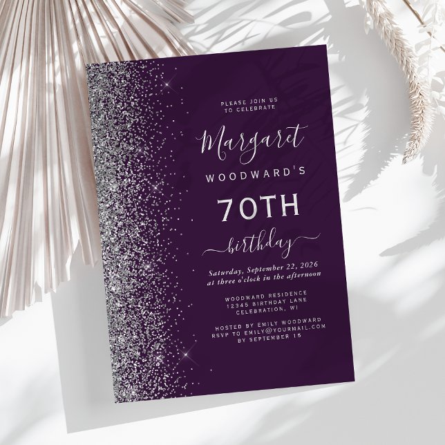 Invitación Purpurina de Plata Púrpura Oscura 70 cumpleaños (Subido por el creador)
