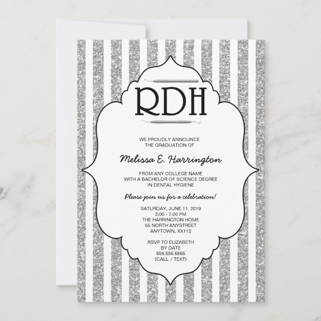 Invitación Purpurina de plata RDH graduación odontólogo higie (Anverso)