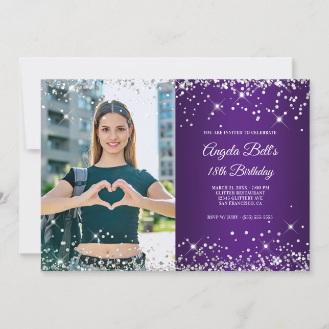 Invitación Purpurina de Plata Real Fotografía Purple 18º cump (Anverso)