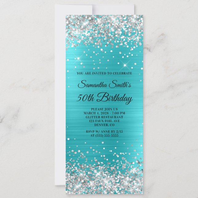 Invitación Purpurina de plata Relieve metalizado azul turques (Anverso)