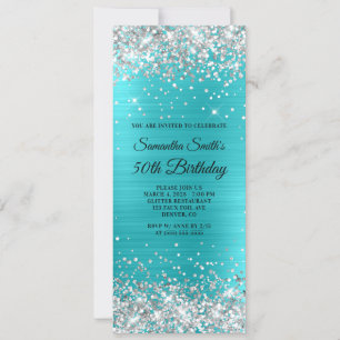 Invitación Purpurina de plata Relieve metalizado azul turques