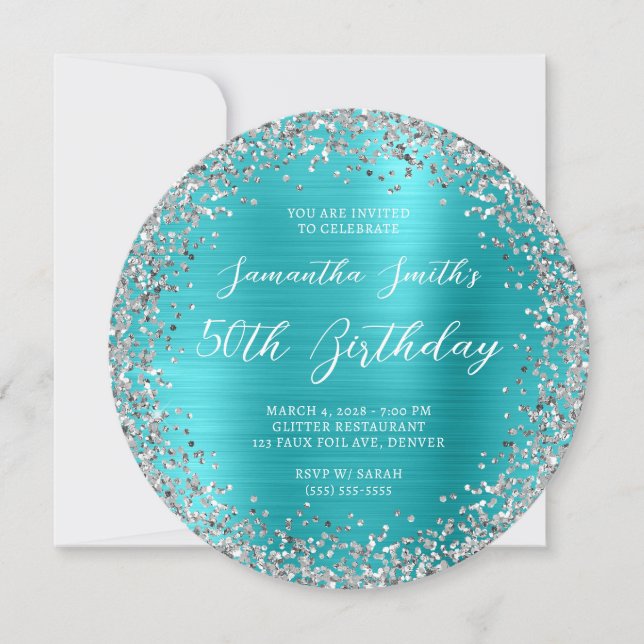 Invitación Purpurina de plata Relieve metalizado azul turques (Anverso)