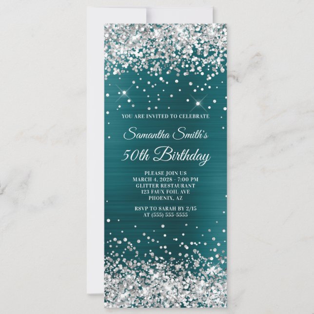 Invitación Purpurina de plata Relieve metalizado azul Verde a (Anverso)
