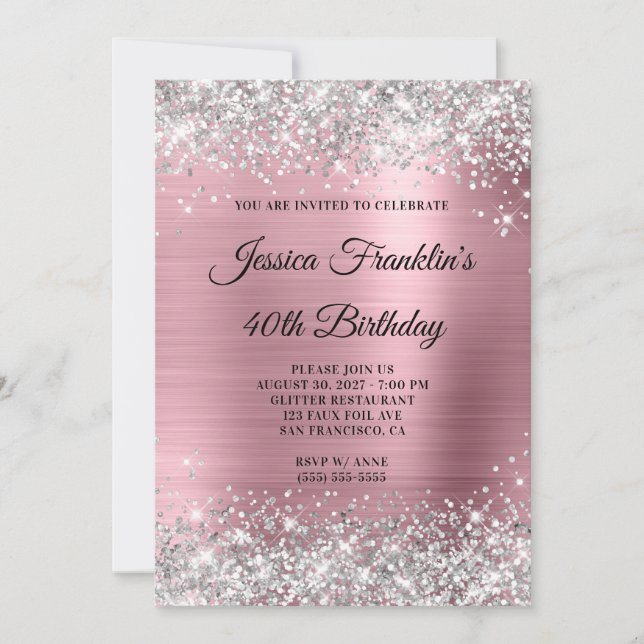Invitación Purpurina de Plata Relieve metalizado Girly Rosa 4 (Anverso)